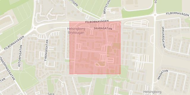 Karta som med röd fyrkant ramar in Husensjö, Skaragatan, Helsingborg, Skåne län