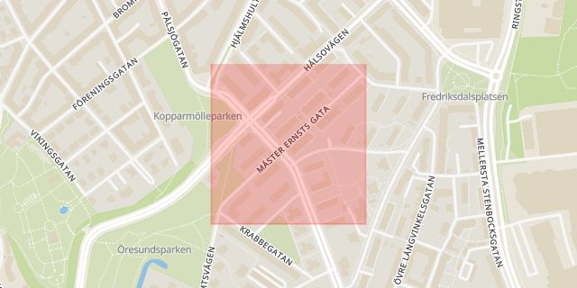 Karta som med röd fyrkant ramar in Slottshöjden, Mäster Ernsts Gata, Helsingborg, Skåne län
