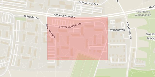 Karta som med röd fyrkant ramar in Fyrverkaregatan, Helsingborg, Skåne län