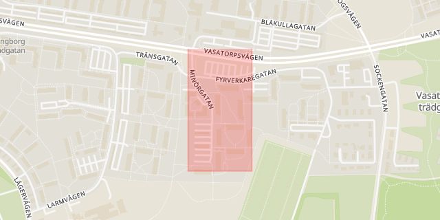 Karta som med röd fyrkant ramar in Minörgatan, Helsingborg, Skåne län