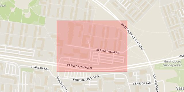 Karta som med röd fyrkant ramar in Blåkullagatan, Helsingborg, Skåne län