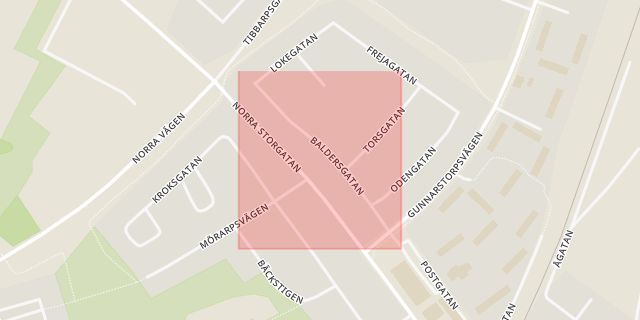 Karta som med röd fyrkant ramar in Baldersgatan, Bjuv, Skåne län