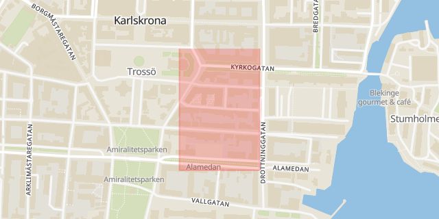 Karta som med röd fyrkant ramar in Sparrensgatan, Karlskrona, Blekinge län