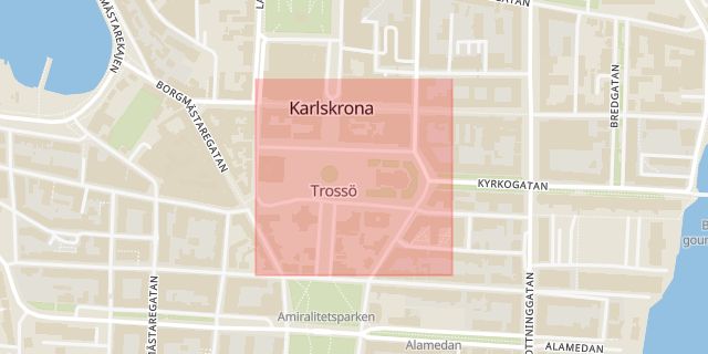 Karta som med röd fyrkant ramar in Stortorget, Karlskrona, Blekinge län