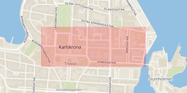 Karta som med röd fyrkant ramar in Ronnebygatan, Trossö, Karlskrona, Blekinge län