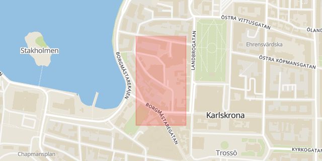 Karta som med röd fyrkant ramar in Karlskrona, Landskrona, Blekinge, Blekinge län