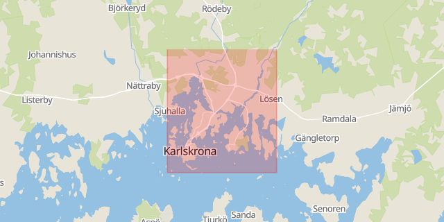Karta som med röd fyrkant ramar in Jämjö, Vardagsrummet, Karlskrona, Blekinge län