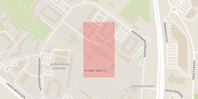 Karta som med röd fyrkant ramar in Andersberg, Andersbergsskolan, Halmstad, Hallands län