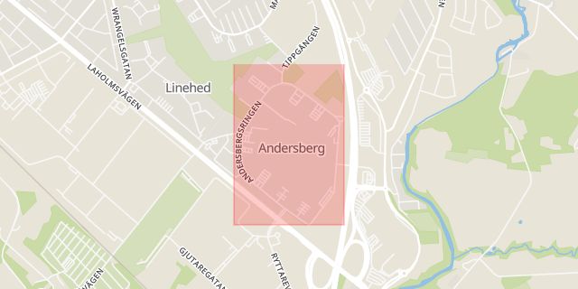 Karta som med röd fyrkant ramar in Halmstad, Nyatorp, Andersbergsringen, Hallands län