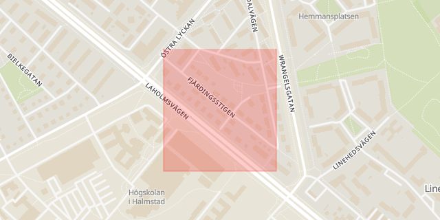 Karta som med röd fyrkant ramar in Linehed, Fjärdingsstigen, Andersberg, Halmstad, Hallands län