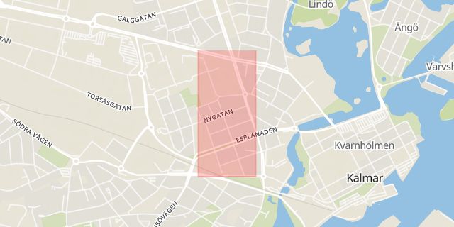 Karta som med röd fyrkant ramar in Malmen, Smålandsgatan, Kalmar, Kalmar län