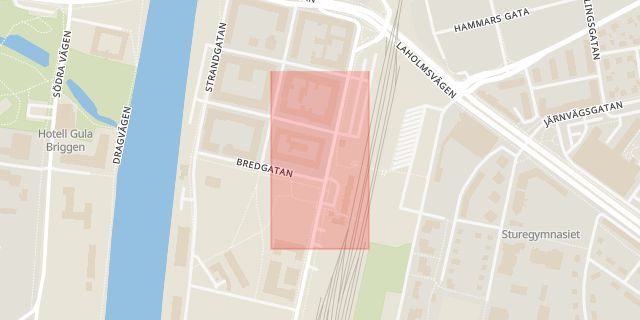 Karta som med röd fyrkant ramar in Stationsvägen, Halmstad, Hallands län