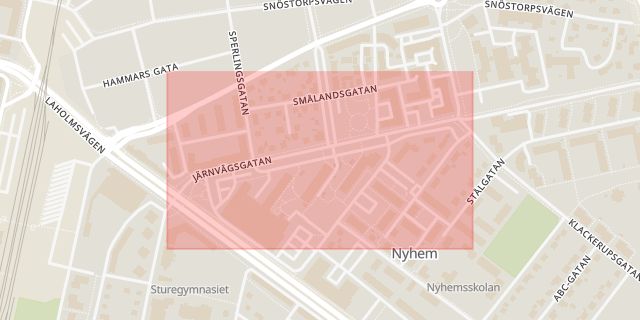 Karta som med röd fyrkant ramar in Järnvägsgatan, Halmstad, Hallands län