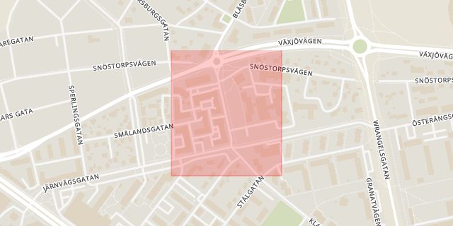 Karta som med röd fyrkant ramar in Malcusgatan, Halmstad, Hallands län