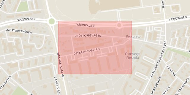 Karta som med röd fyrkant ramar in Halmstad, Österängsgatan, Golfbanevägen, Hallands län