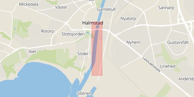 Karta som med röd fyrkant ramar in Strandgatan, Halmstad, Hallands län