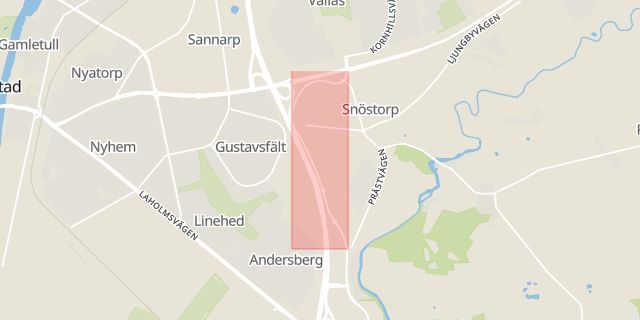 Karta som med röd fyrkant ramar in Halmstad, Fyllebro, Hallands län