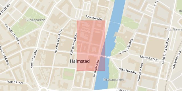 Karta som med röd fyrkant ramar in Halmstad, Andersberg, Harrys, Gustavsfältsvägen, Hallands län