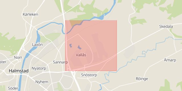 Karta som med röd fyrkant ramar in Vallås, Halmstad, Hallands län