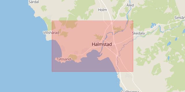 Karta som med röd fyrkant ramar in Halmstad, Kungsbacka, Gottskärsvägen, Strannegårdsvägen, Hallands län