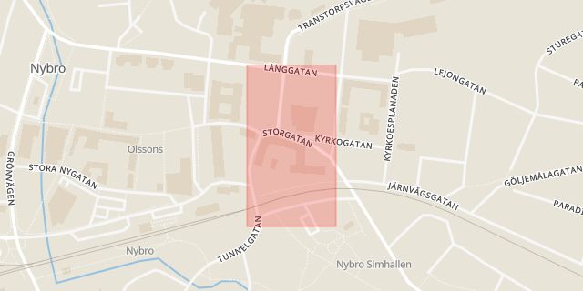 Karta som med röd fyrkant ramar in Storgatan, Ett Bageri, Nybro, Kalmar län