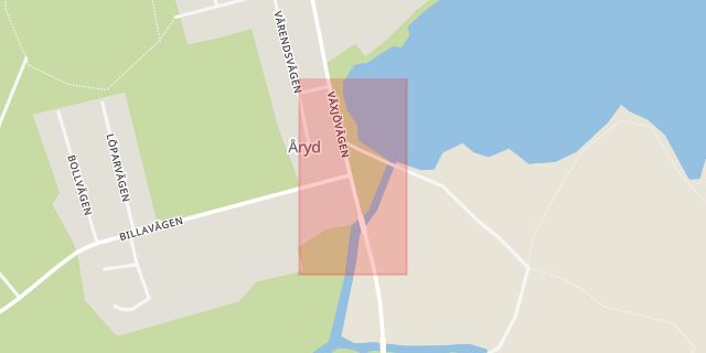 Karta som med röd fyrkant ramar in Åryd, Växjö, Kronobergs län