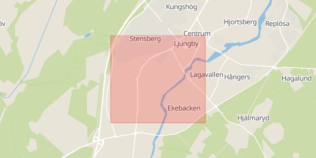 Karta som med röd fyrkant ramar in Kungsgatan, Ljungby, Kronobergs län
