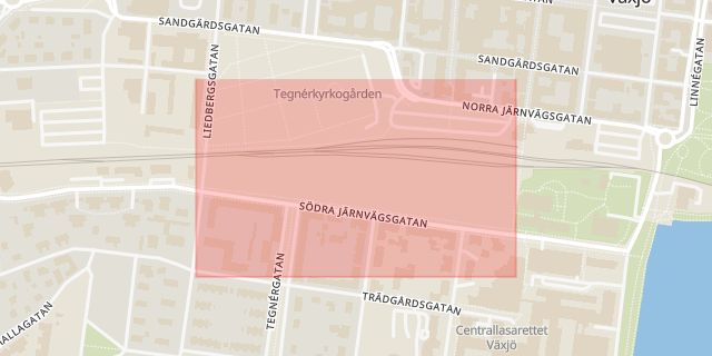 Karta som med röd fyrkant ramar in Drottninggatan, Växjö, Kronobergs län