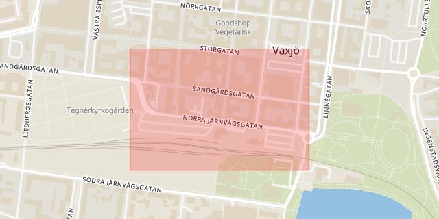 Karta som med röd fyrkant ramar in Norra Järnvägsgatan, Växjö, Kronobergs län
