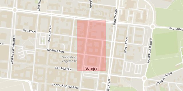 Karta som med röd fyrkant ramar in Tingsrätten, Växjö, Kronobergs län
