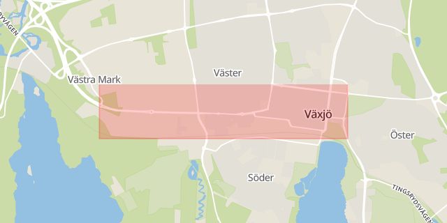 Karta som med röd fyrkant ramar in Storgatan, Växjö, Kronobergs län