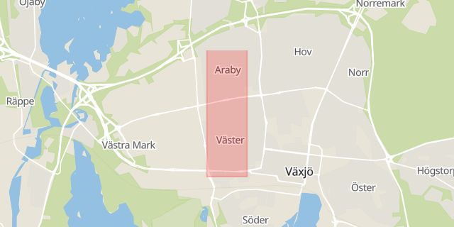Karta som med röd fyrkant ramar in Ulriksbergspromenaden, Växjö, Kronobergs län