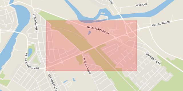 Karta som med röd fyrkant ramar in Kristineslättsallén, Falkenberg, Hallands län