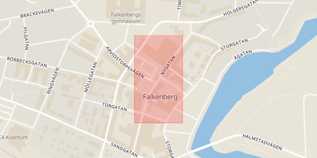 Karta som med röd fyrkant ramar in Stortorget, Falkenberg, Hallands län