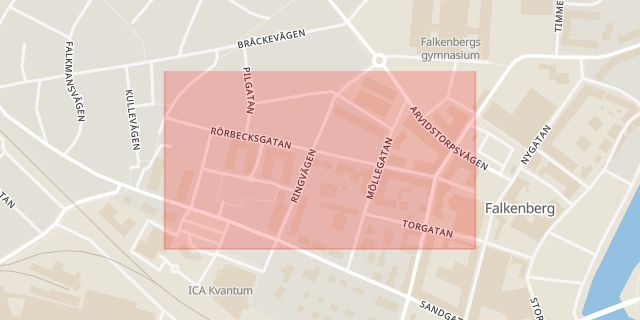 Karta som med röd fyrkant ramar in Rörbecksgatan, Falkenberg, Hallands län