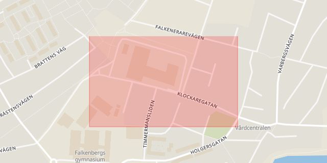 Karta som med röd fyrkant ramar in Klockaregatan, Falkenberg, Hallands län