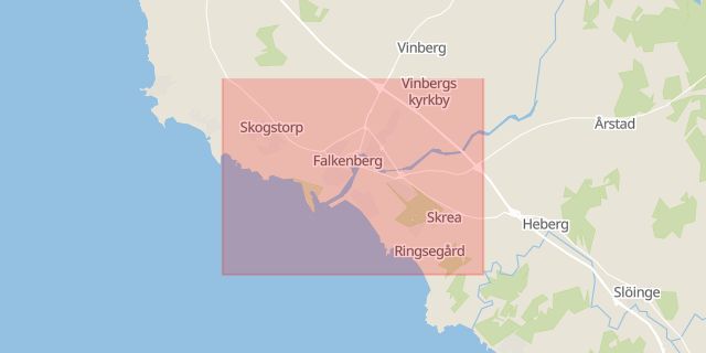 Karta som med röd fyrkant ramar in Falkenberg, Halmstad, Kungsbacka, Varberg, Hallands län