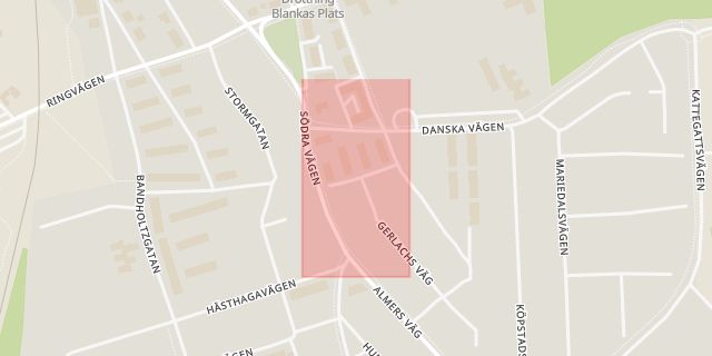 Karta som med röd fyrkant ramar in Varberg, Rodhes Väg, Hamnkiosken, Hallands län