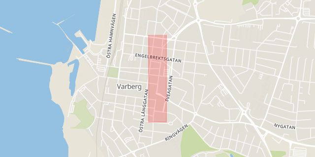 Karta som med röd fyrkant ramar in Östra Vallgatan, Varberg, Hallands län