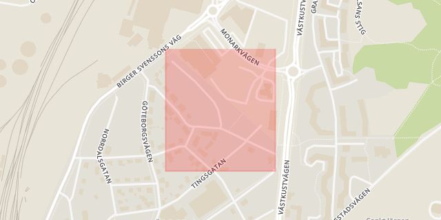 Karta som med röd fyrkant ramar in Varberg, Norrgatan, Veddige, Brunnsbergsvägen, Hallands län