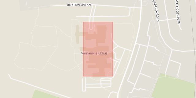 Karta som med röd fyrkant ramar in Värnamo Sjukhus, Doktorsgatan, Värnamo, Jönköpings län