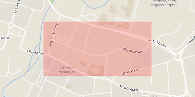 Karta som med röd fyrkant ramar in Kyrkogatan, Värnamo, Jönköpings län