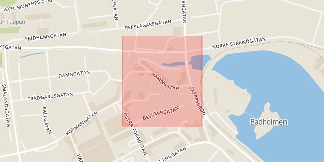 Karta som med röd fyrkant ramar in Hamngatan, Oskarshamn, Kalmar län