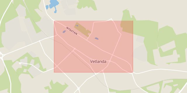 Karta som med röd fyrkant ramar in Nygatan, Vetlanda, Jönköpings län