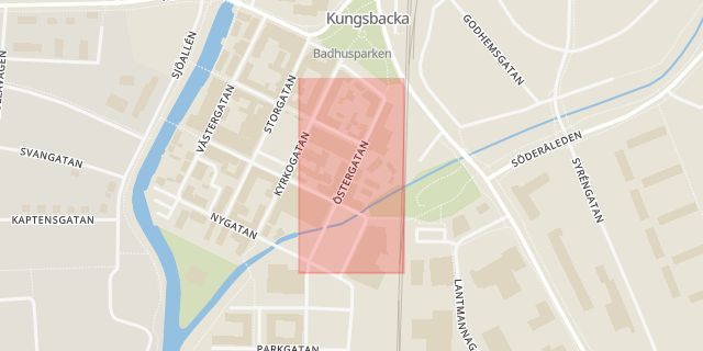 Karta som med röd fyrkant ramar in Kungsbacka, Östergatan, Hallands län