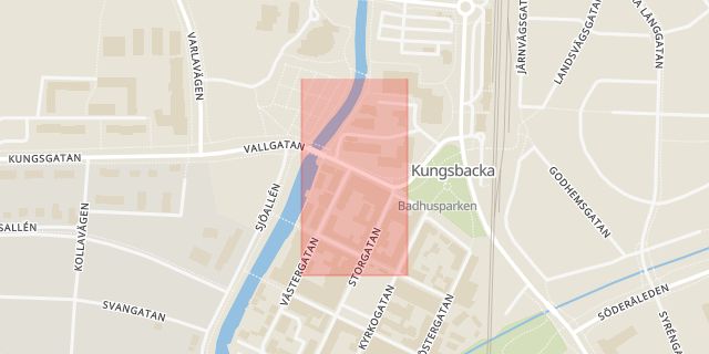 Karta som med röd fyrkant ramar in Kungsbacka, Vallgatan, Bolshedens Industriväg, Hallands län