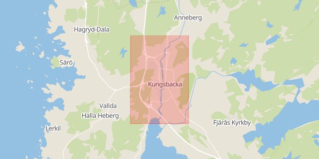 Karta som med röd fyrkant ramar in Storåsgatan, Kungsbacka, Södra Vägen, Halmstad, Vallås, Hallands län