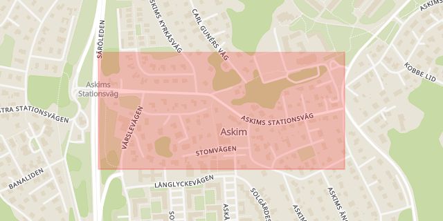 Karta som med röd fyrkant ramar in Askim, Askims Stationsväg, Göteborg, Västra Götalands län