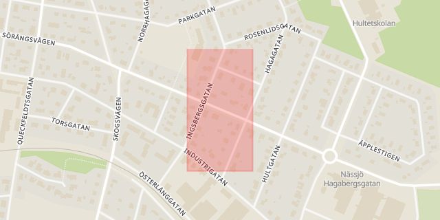 Karta som med röd fyrkant ramar in Hagagatan, Parkgatan, Nässjö, Jönköpings län