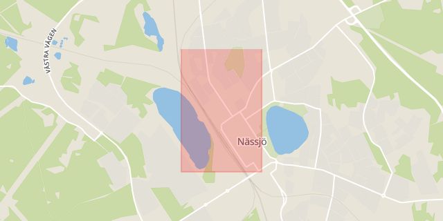 Karta som med röd fyrkant ramar in Storgatan, Nässjö, Jönköpings län
